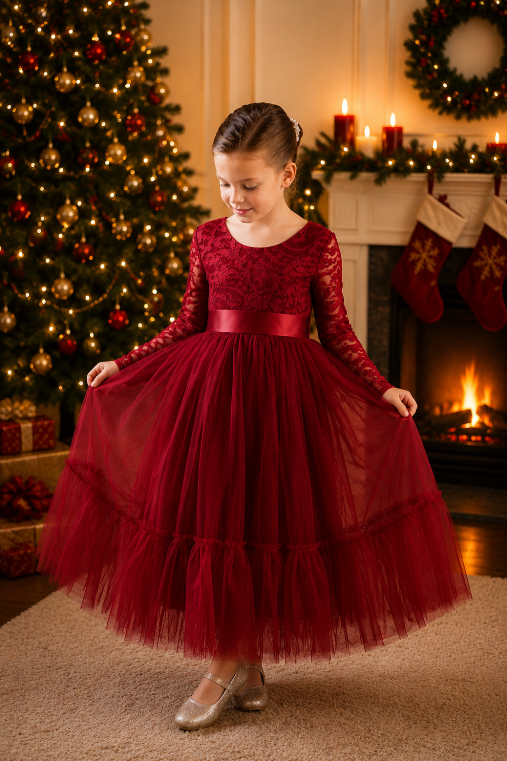 Wine Red Long Sleeve Holiday Dress for Girls with Lace Bodice and Full Tulle Skirt