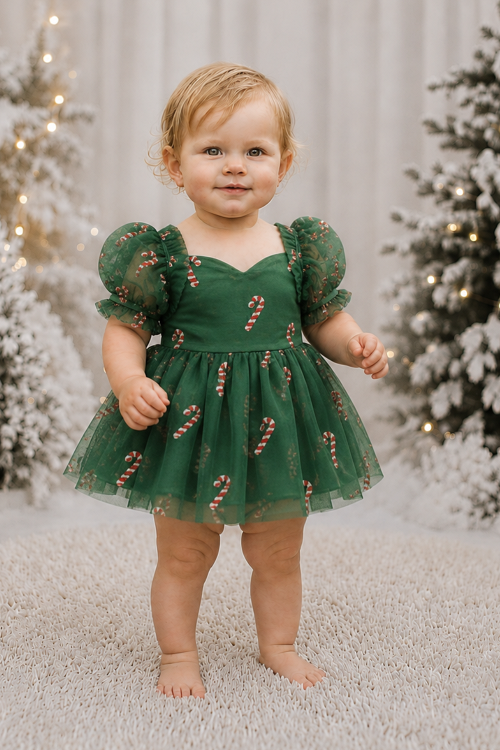 Green dress for girls with red and gold glitter candy canes, layered tulle skirt and classic sweetheart neckline.