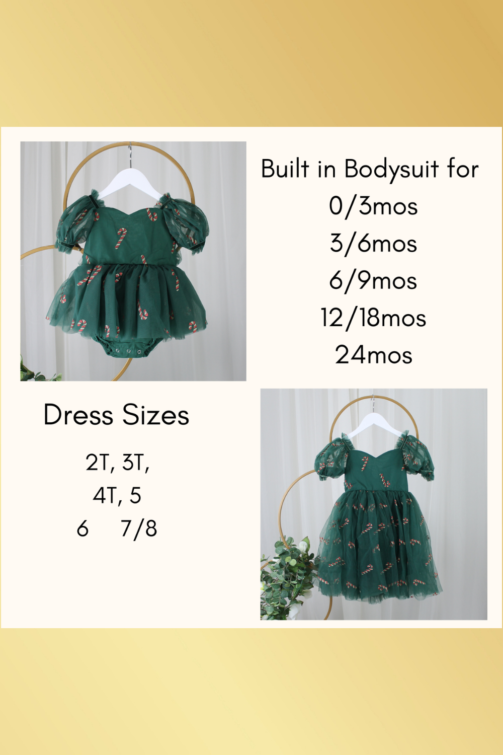 Green holiday dress size guide showing the green candy cane Christmas dress available in baby and girls sizes.