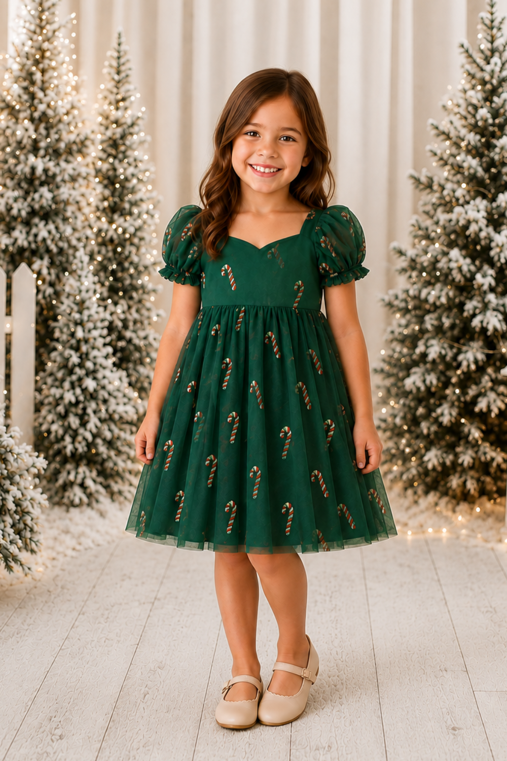 Girls Christmas dress in green tulle with red and gold glitter candy canes, sweetheart neckline, puff sleeves and knee-length skirt.