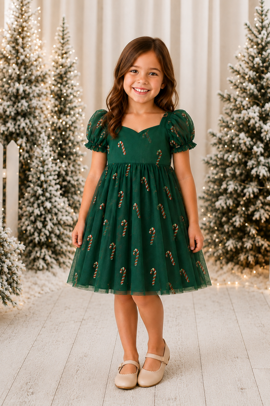 Girls Christmas dress in green tulle with red and gold glitter candy canes, sweetheart neckline, puff sleeves and knee-length skirt.