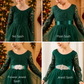 Green Christmas Dress showing satin, jeweled and flower sash options