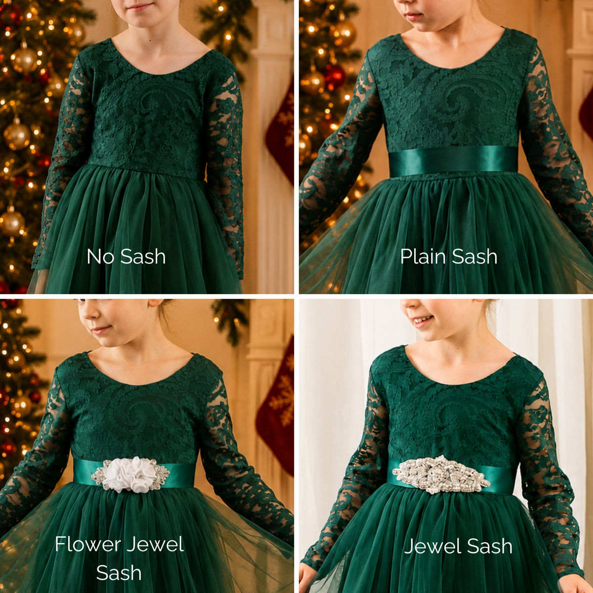 Green Christmas Dress showing satin, jeweled and flower sash options