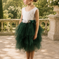 green flower girl dress. a tutu style hunter green tulle with a soft white lace sleeveless bodice