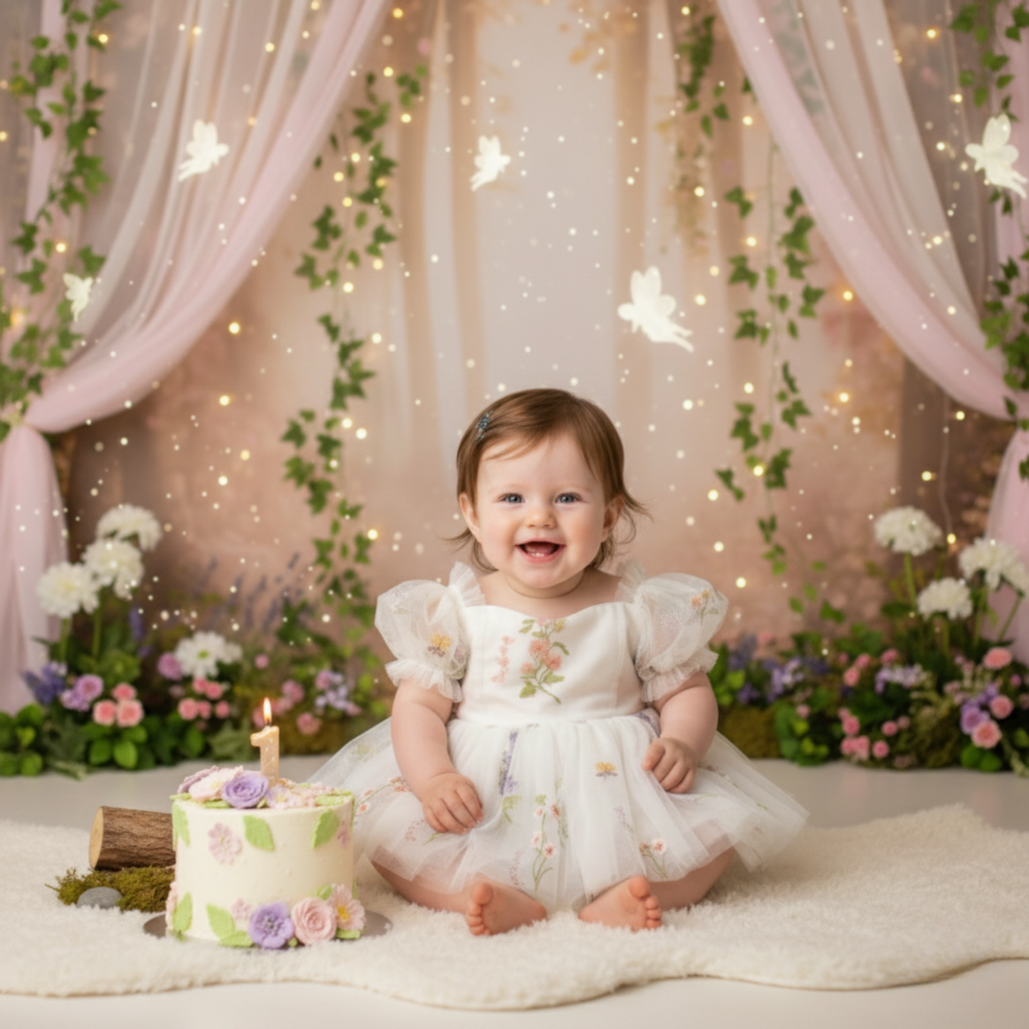 Fairy First birthday baby girls romper dress in ivory floral with wings. 
