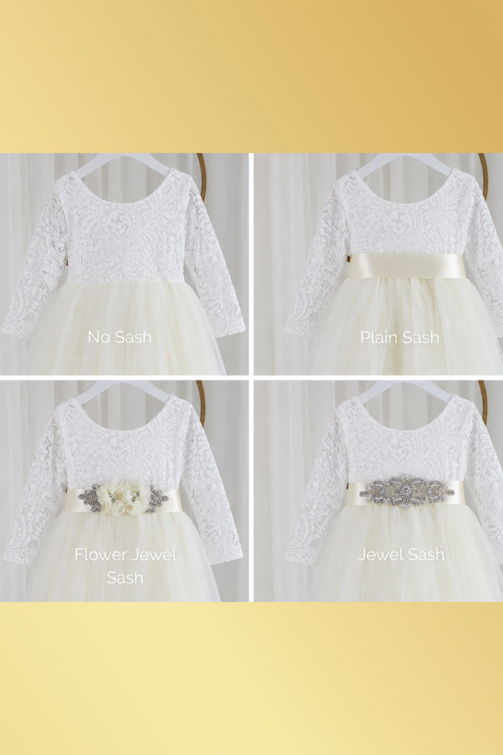 Long Sleeve Flower Girl Dress in ivory lace and tulle shown with available sash options