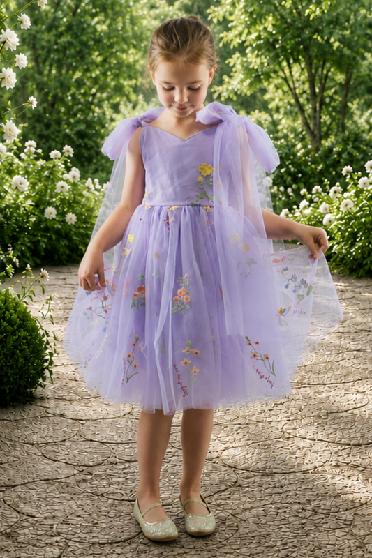 flower girl dress in embroidered floral lavender tulle in a sleeveless knee length style. 