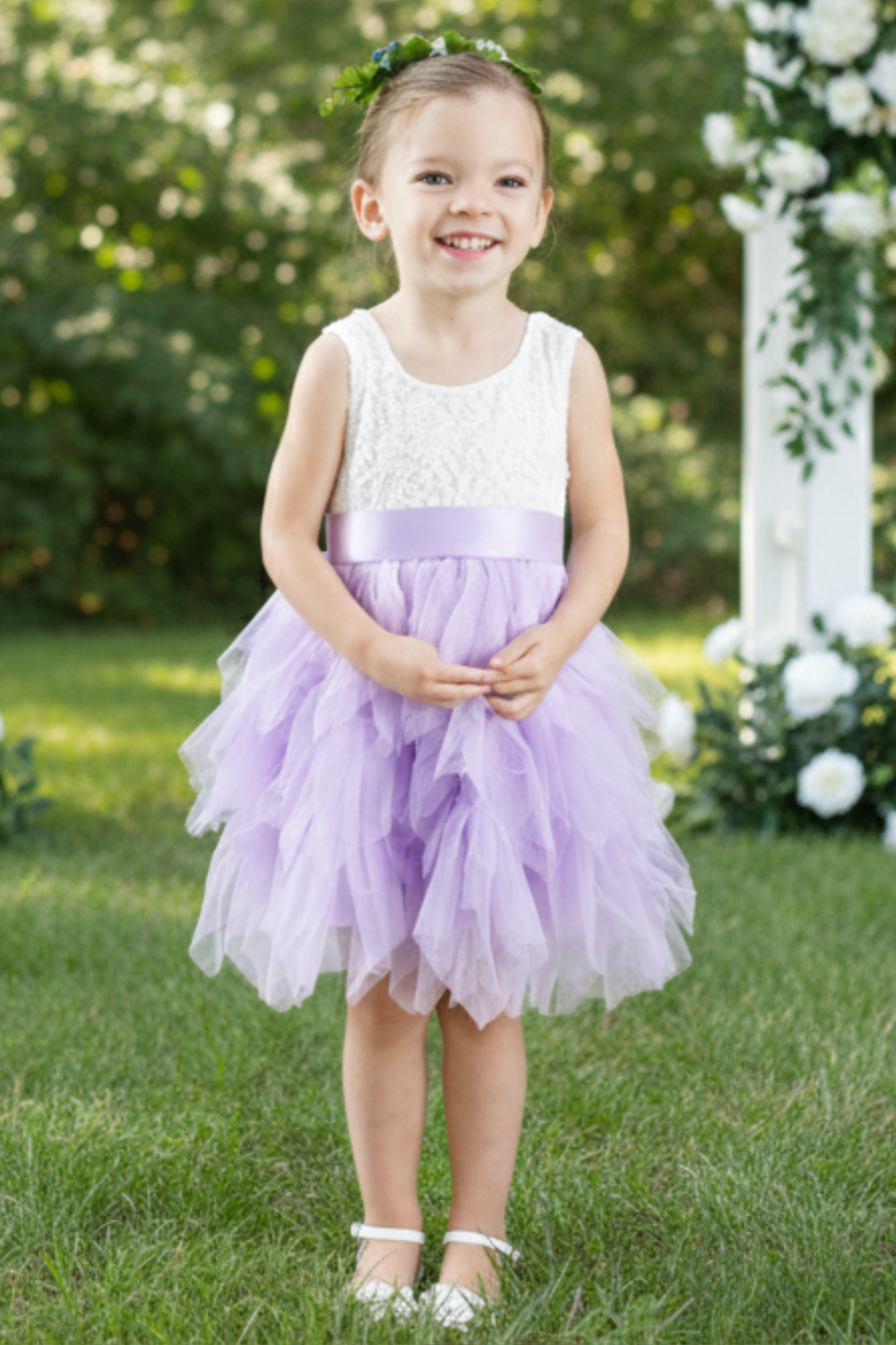 Lavender Flower Girl Dress in a tiered tutu style with white lace sleeveless bodice