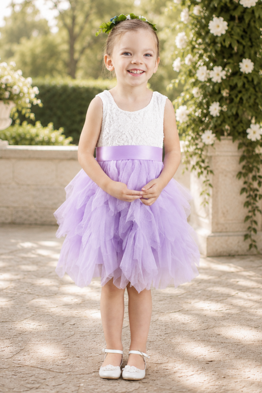 Lavender Flower Girl Dress in a tiered tutu style with white lace sleeveless bodice