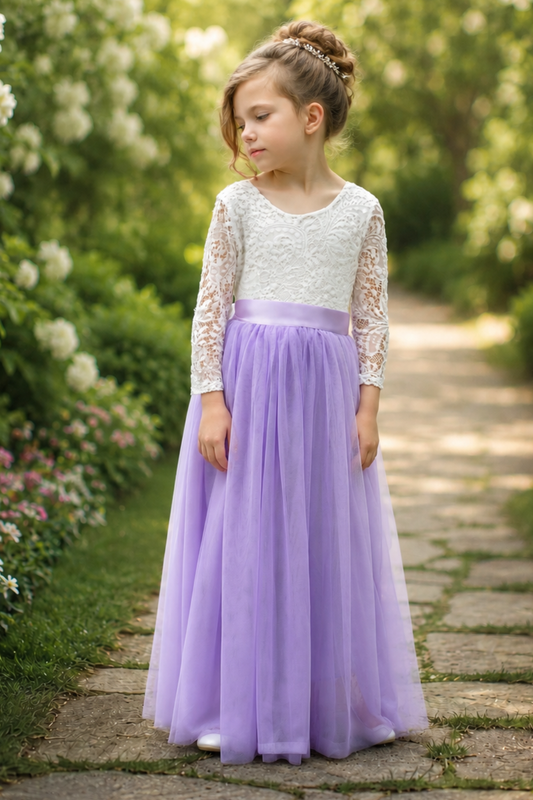 flower girl dress in lavender tulle with lace white long sleeves. 