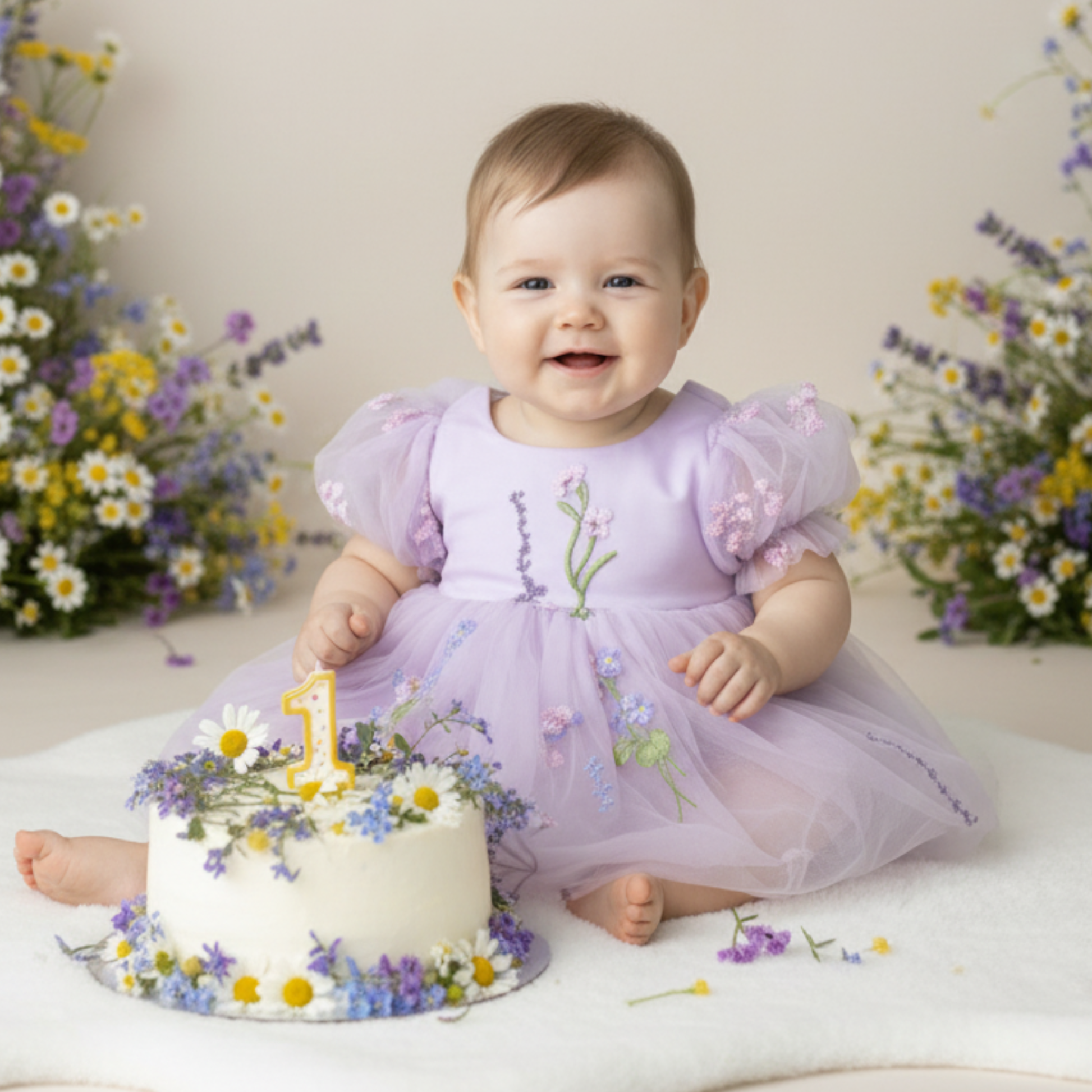 First birthday baby girl dress in lavender floral tulle with built in romper/bodysuit and puffy  short sleeves.