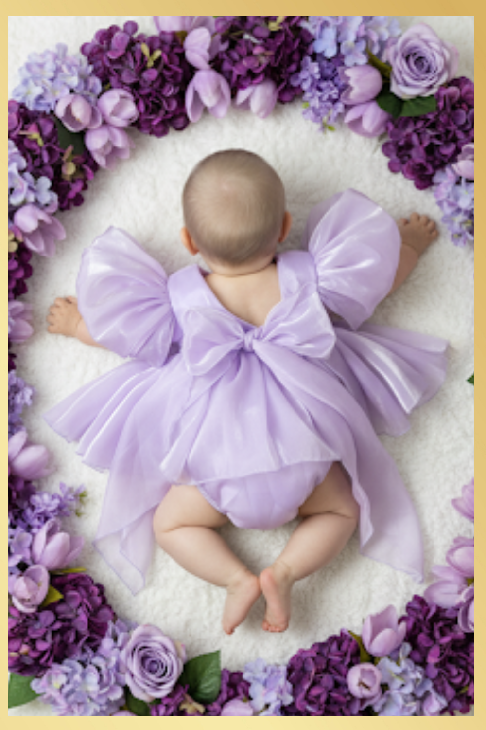 Baby girl dress in lavender with puffy short sleeves and built in romper style in Organza material