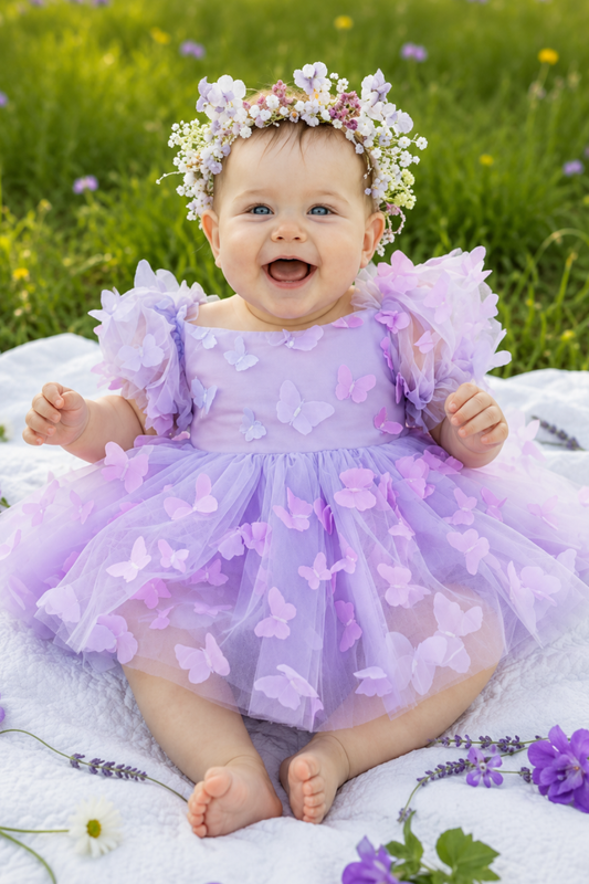 First Birthday Dress in Lavender Ombre Butterflies with built in romper/bodysuit. 