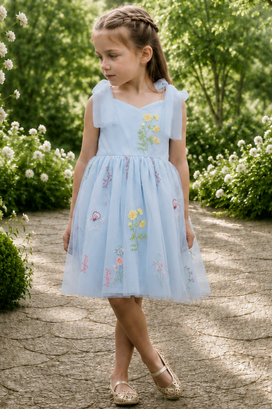 flower girl dress in light blue embroidered floral tulle in a knee length style dress. 