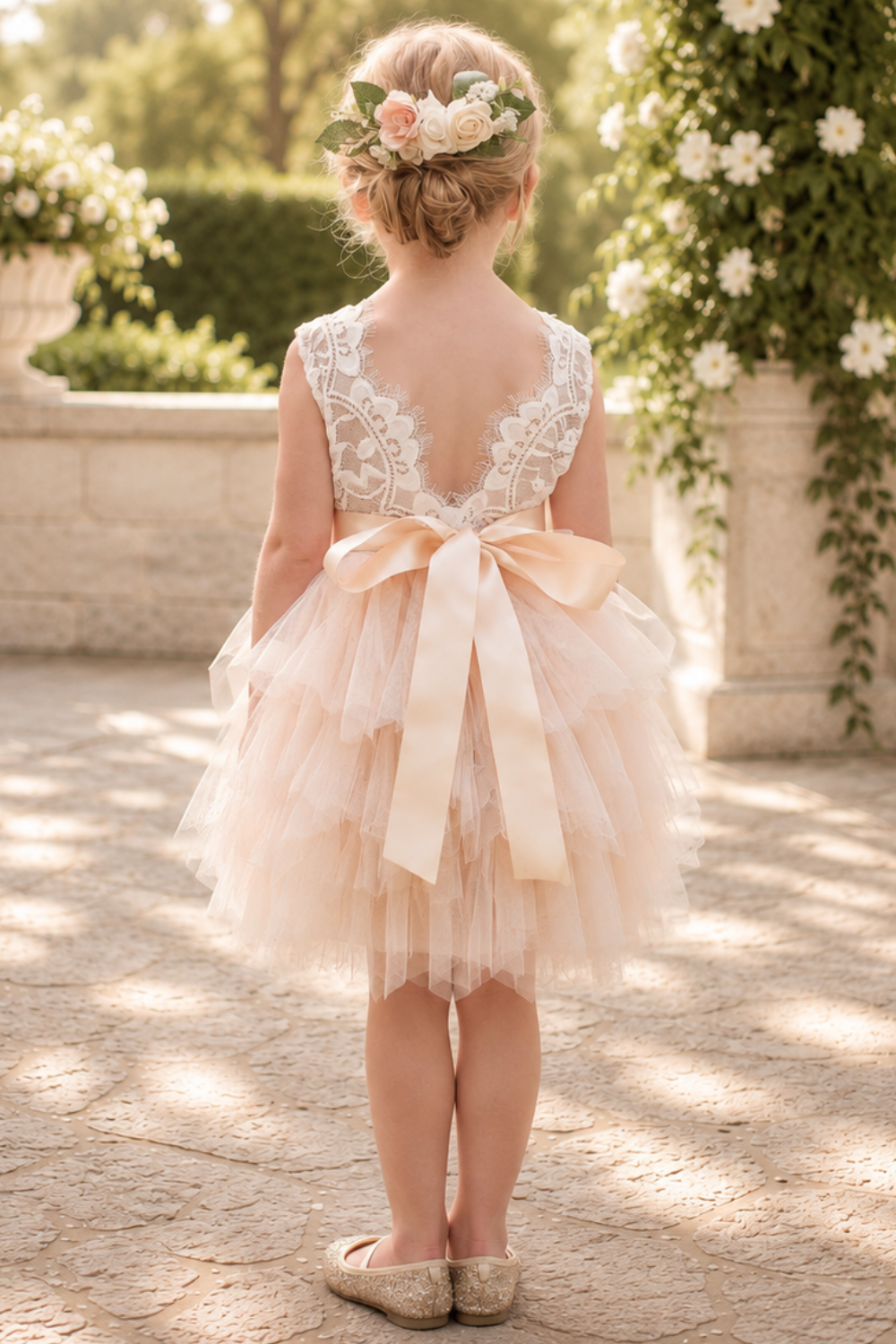 Light Peach Flower Girl dress in tulle and white lace