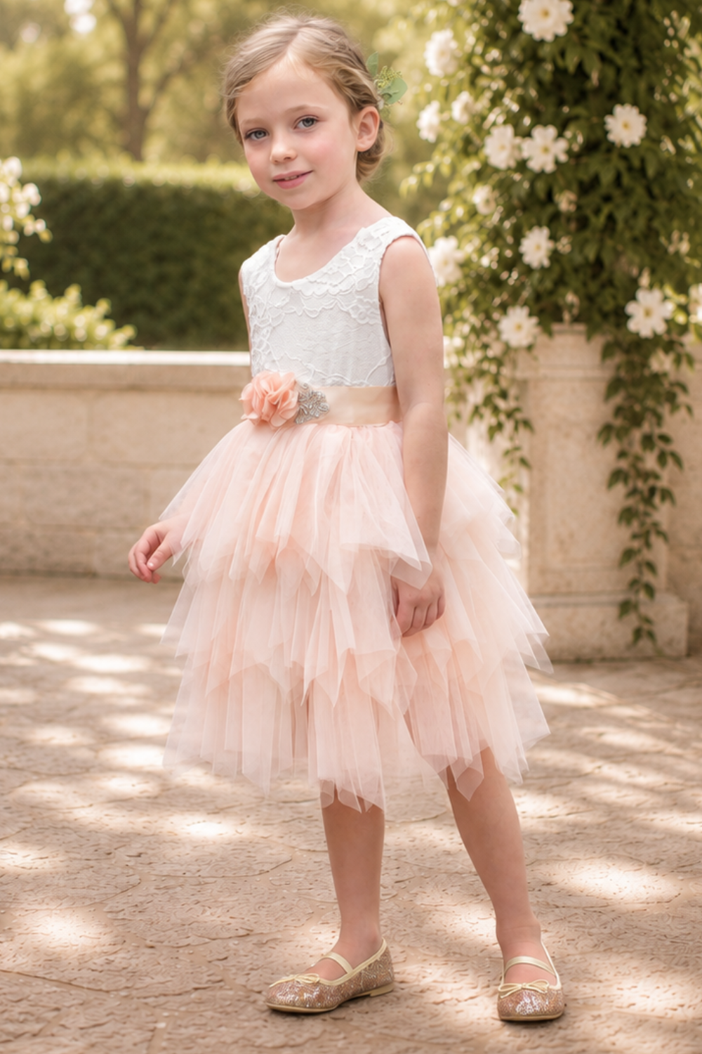 Light Peach Flower Girl dress in tulle and white lace