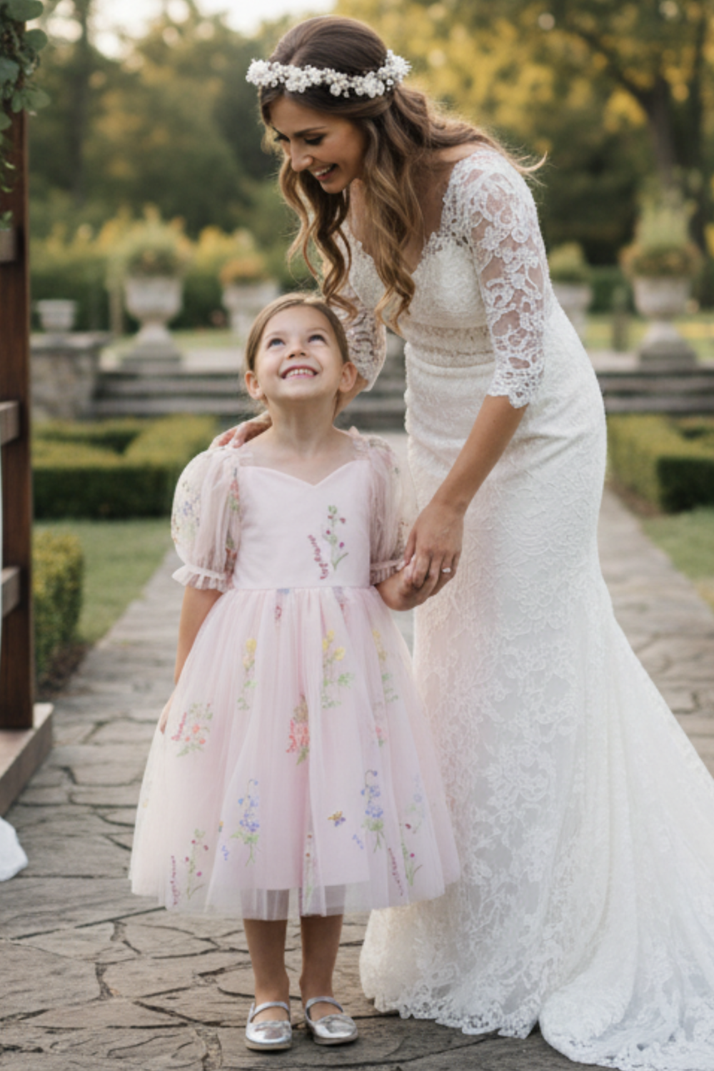 flower girl dress in light pink floral embroidery with big puffy sleeves and big tie bow in back. 