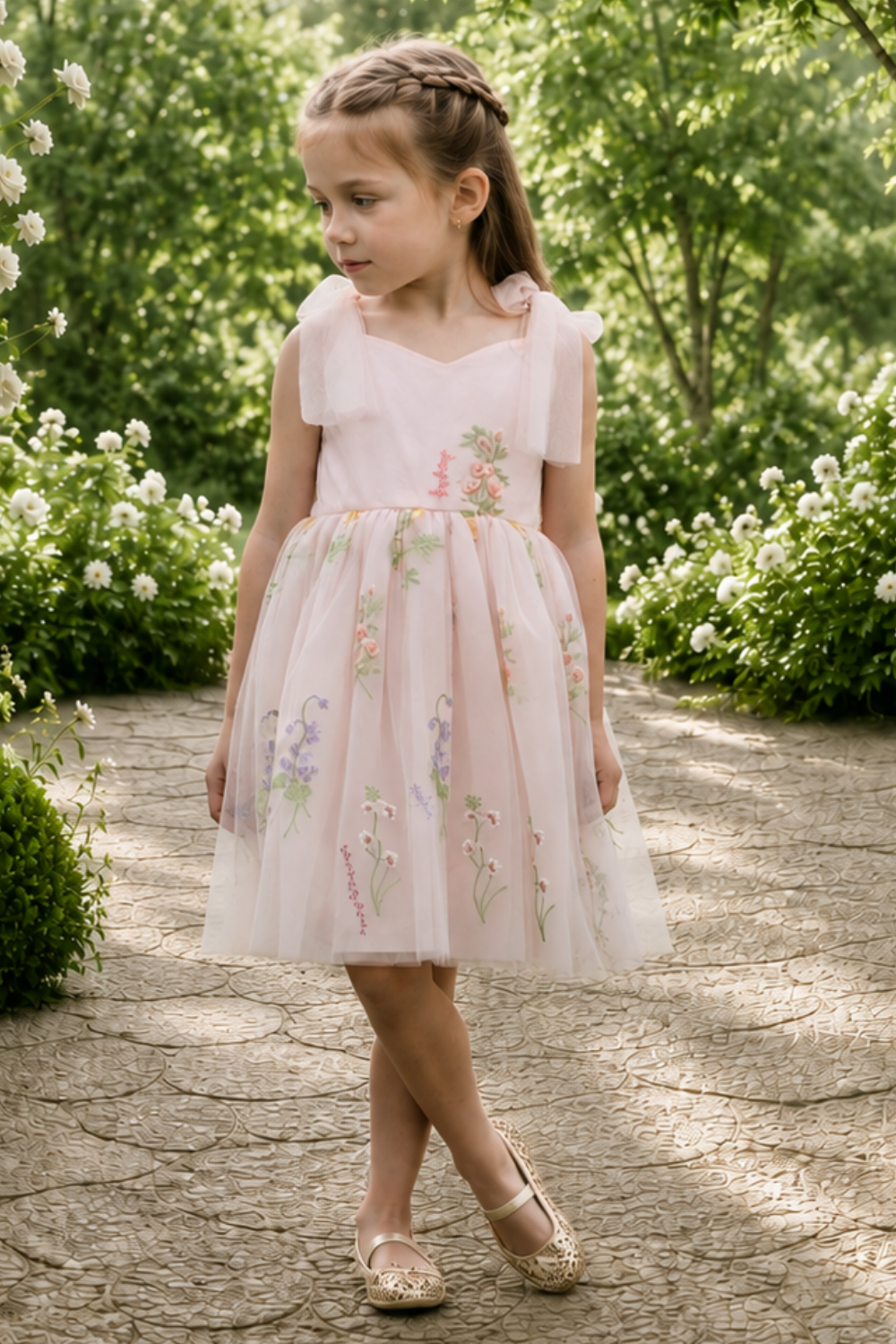 floral flower girl dress in light pink embroidered floral tulle and a knee length style. 