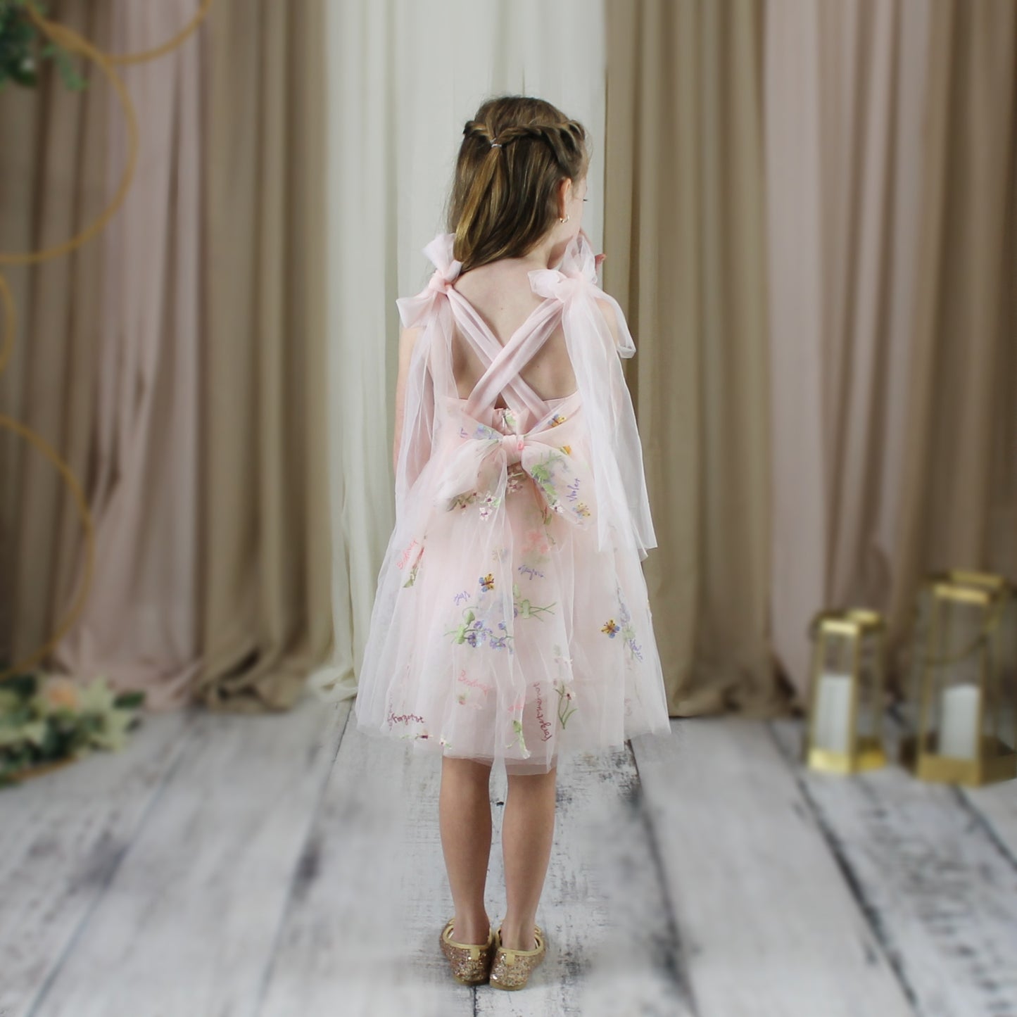 Pink Flower Girl Dress with embroidery flowers in tulle