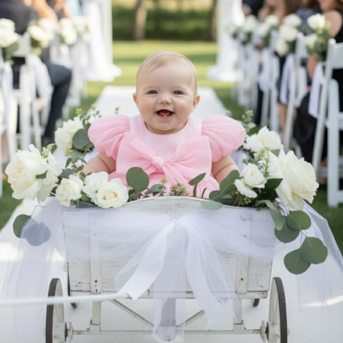 light pink baby girl dress with puffy sleeves and big bow for weddings, birthdays and special occasions. 