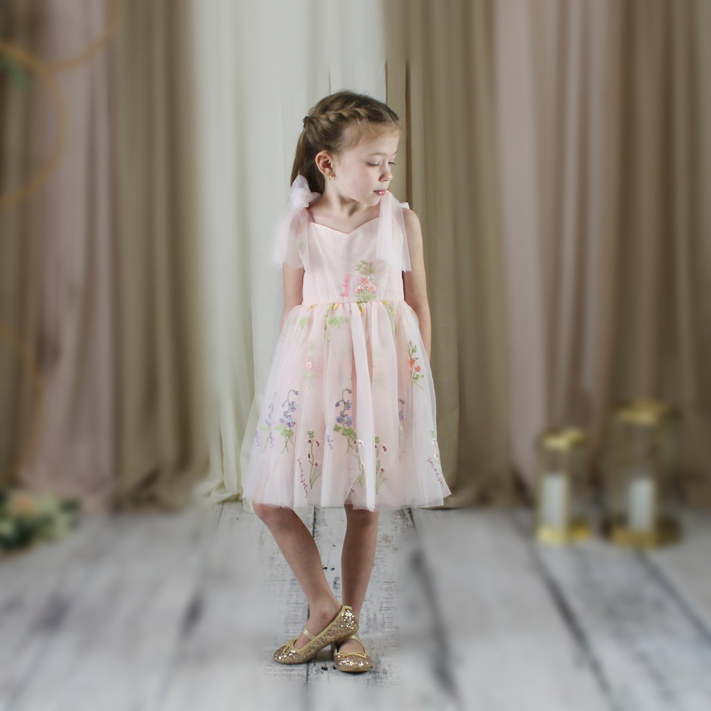 Pink Flower Girl Dress with embroidery flowers in tulle