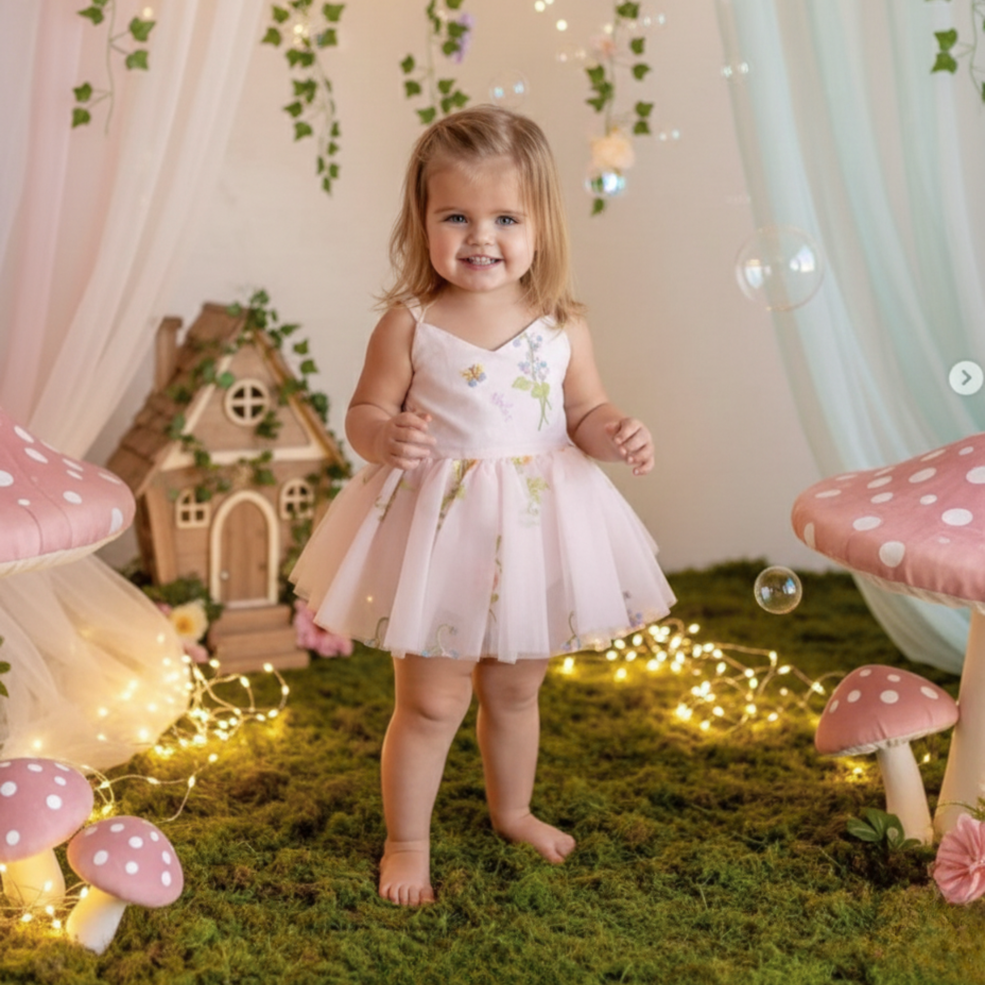 Baby girl first birthday fairy dress in light pink florals.
