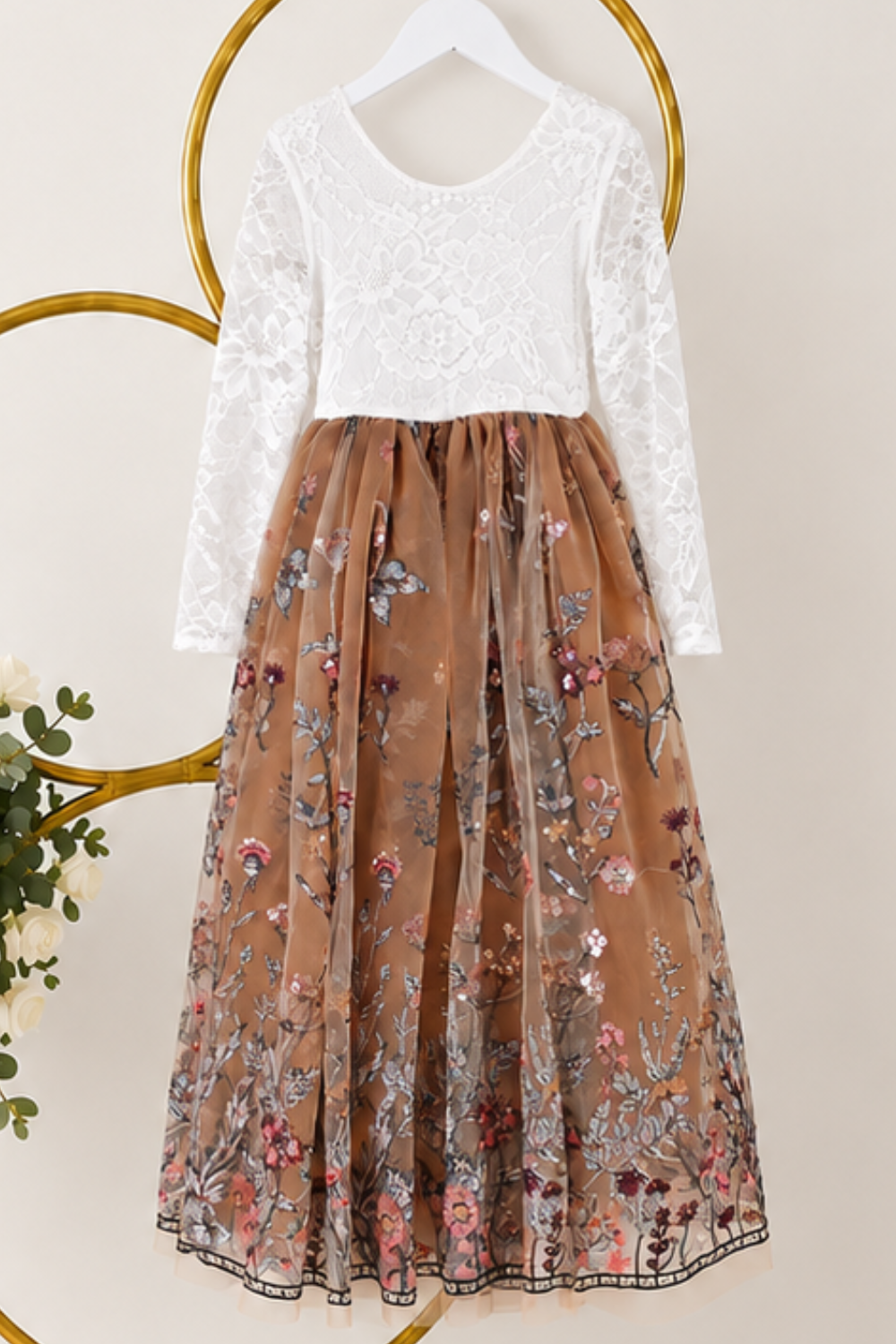 flower girl dress in burnt orange embroidered florals, sequins and tulle. Long sleeve white lace bodice and full length dress.  
