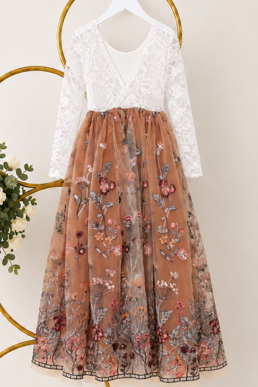 flower girl dress in burnt orange embroidered florals, sequins and tulle. Long sleeve white lace bodice and full length dress.  