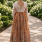 flower girl dress in burnt orange embroidered florals, sequins and tulle. Long sleeve white lace bodice and full length dress.  