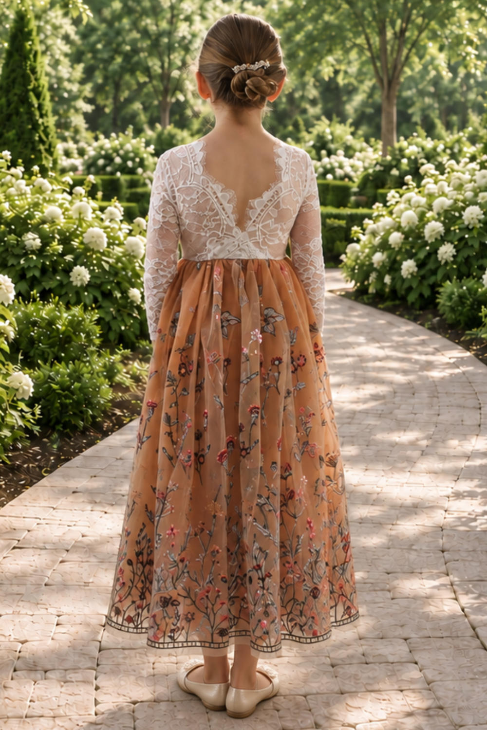 flower girl dress in burnt orange embroidered florals, sequins and tulle. Long sleeve white lace bodice and full length dress.  