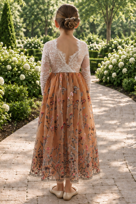 flower girl dress in burnt orange embroidered florals, sequins and tulle. Long sleeve white lace bodice and full length dress.  