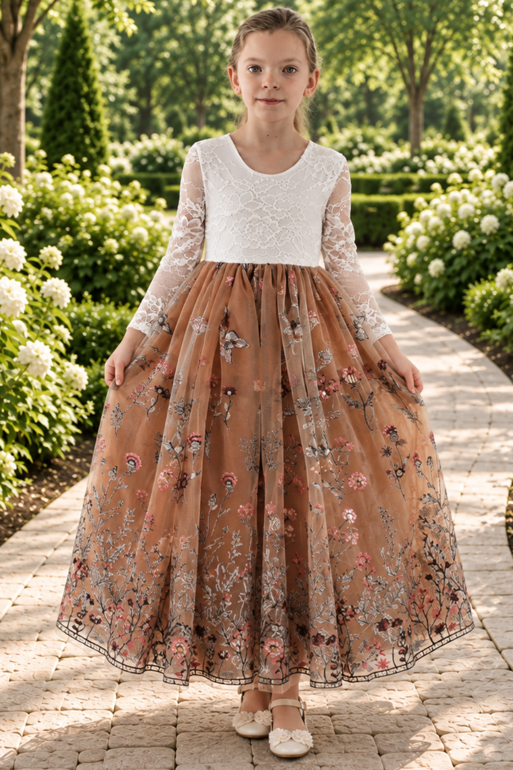 fall flower girl dress in burnt orange embroidered florals, sequins and tulle. Long sleeve white lace bodice and full length dress.  