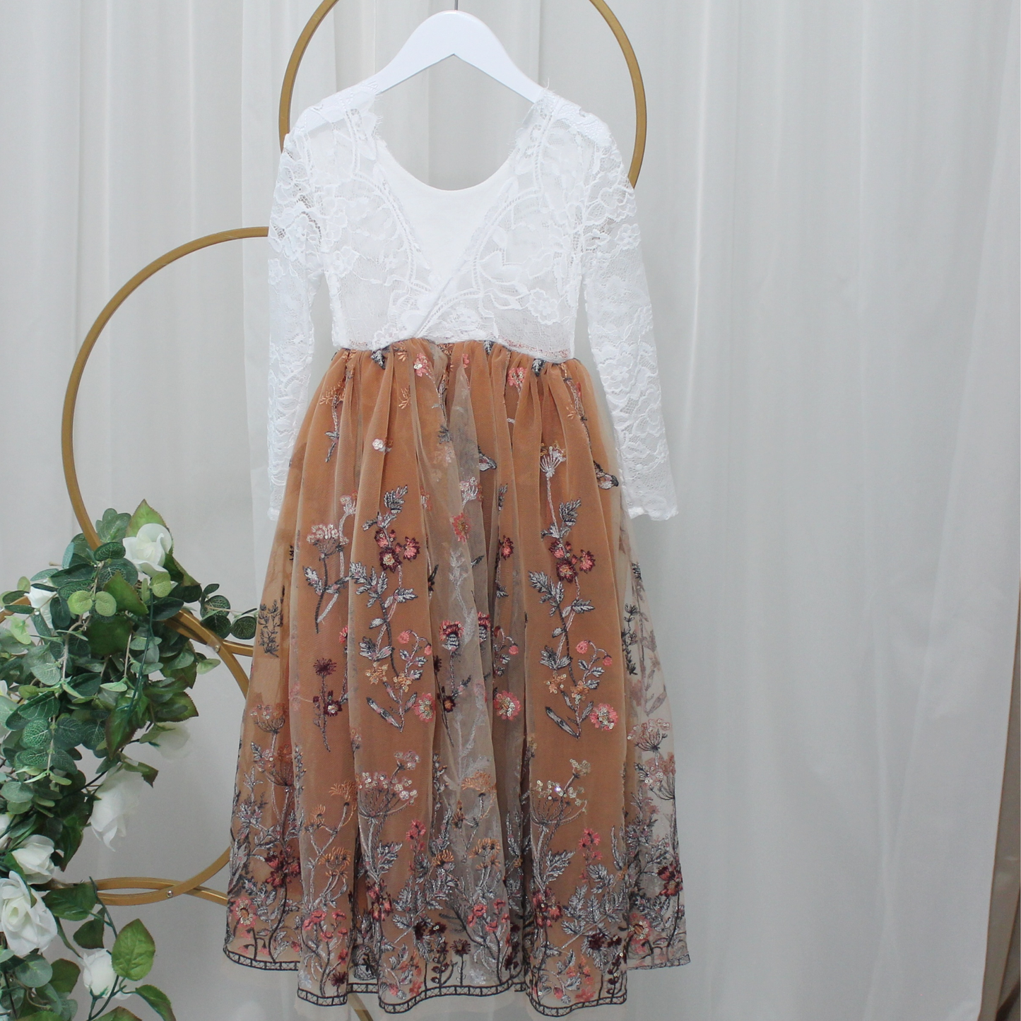 Burnt Orange Floral flower girl dress in long sleeve white lace with full length tulle bottom. 