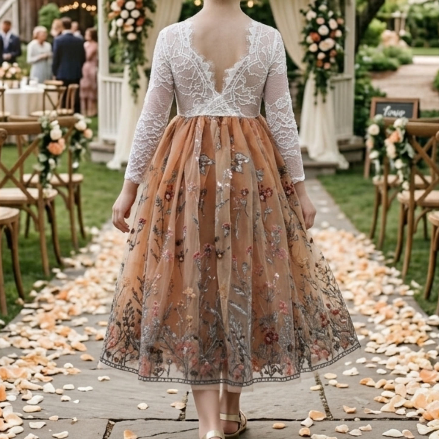 Burnt Orange Floral flower girl dress in long sleeve white lace with full length tulle bottom. 