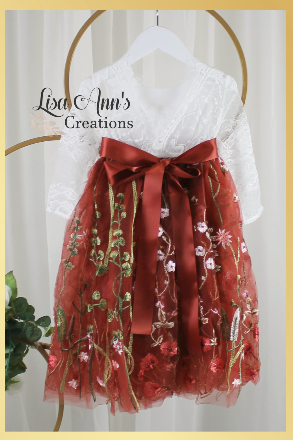 floral flower girl dress in rust floral embroidery 