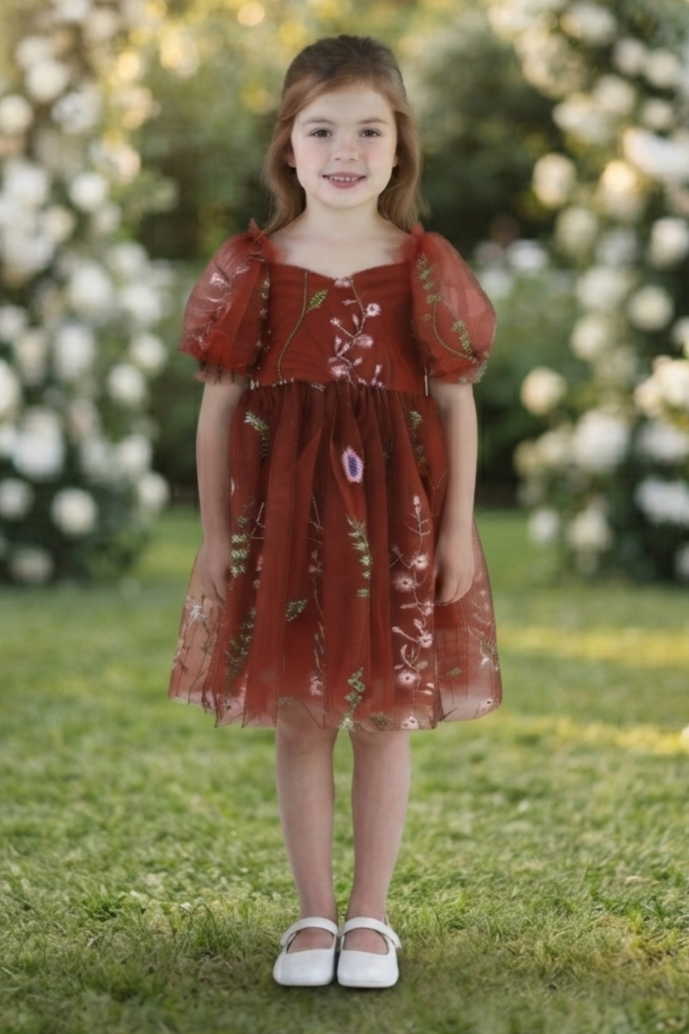 rust flower girl dress in florals. 