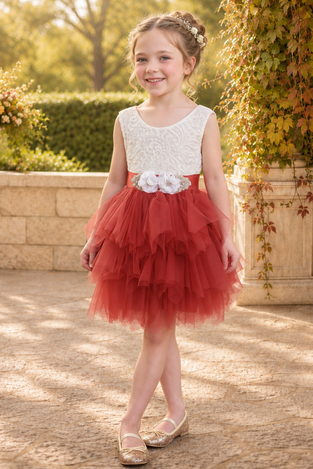Flower girl dress in rust tulle tiered tutu style with white lace sleeveless top. 