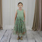 Floral flower girl dress in sage green lace and tulle. Full length dress that is sleeveless