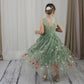 Floral flower girl dress in sage green lace and tulle. Full length dress that is sleeveless