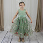 Floral flower girl dress in sage green lace and tulle. Full length dress that is sleeveless