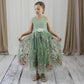 Floral flower girl dress in sage green lace and tulle. Full length dress that is sleeveless