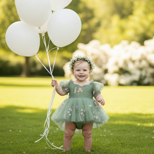 first birthday baby girl sage green floral romper dress. 