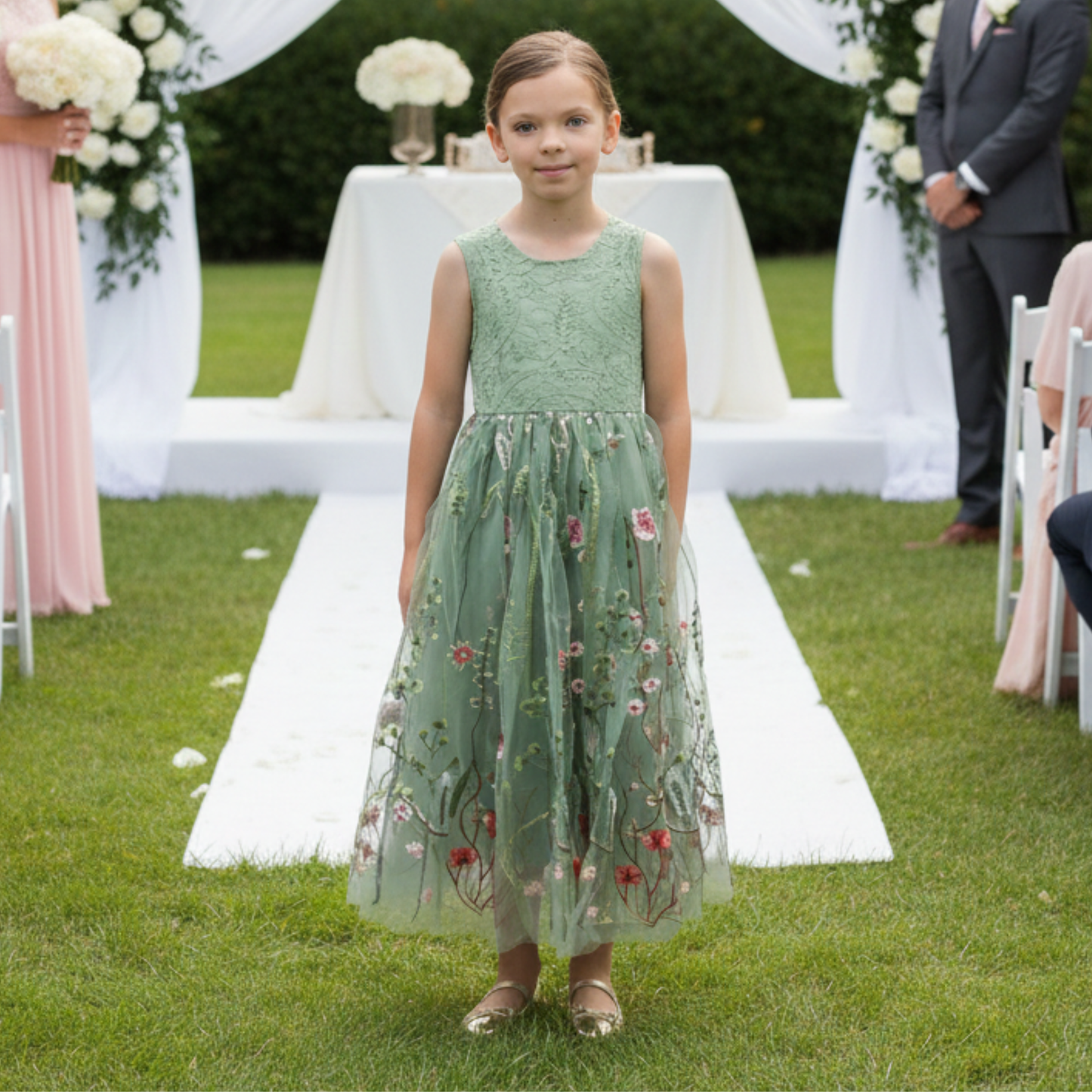 Floral flower girl dress in sage green lace and tulle. Full length dress that is sleeveless