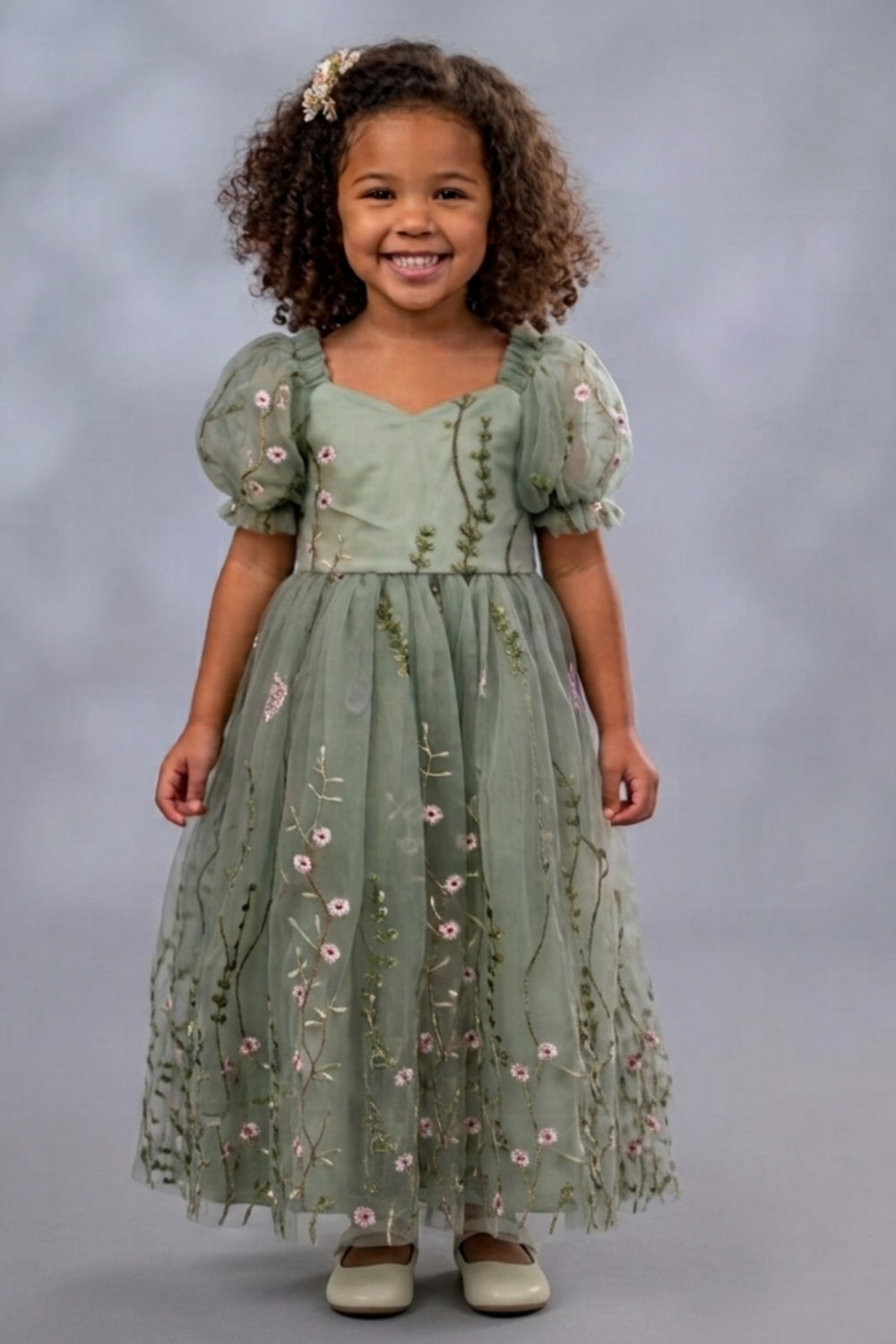 Toddler sage green floral flower girl dress in full length