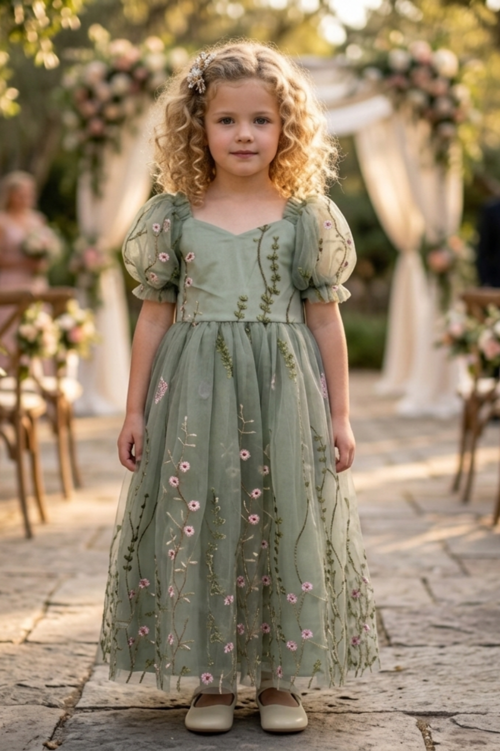 Sage flower girl dress in a full length style with puffy sleeves and big bow. 