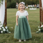 Sage green flower girl dress in short sleeve white lace with full length tulle