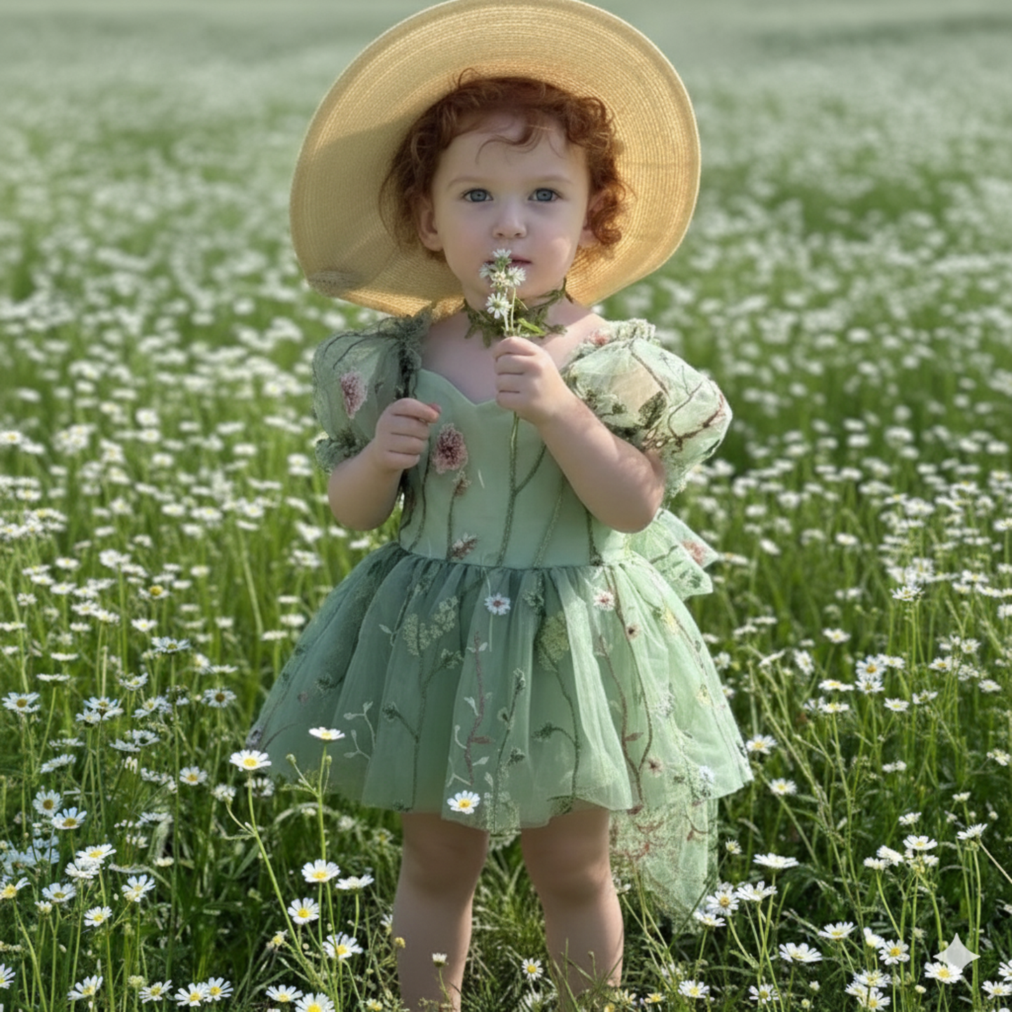 Baby flower girl dress in sage floral tulle in a romper style. 