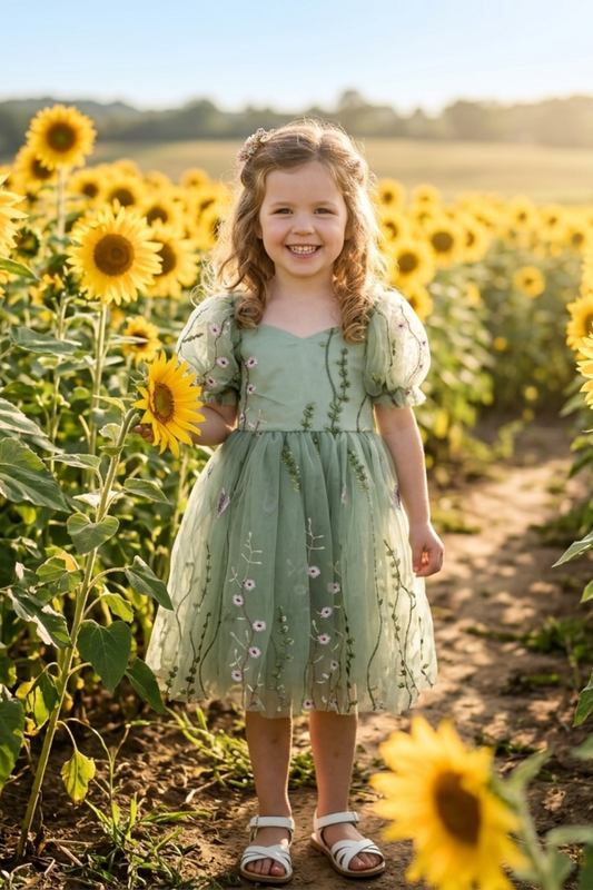 Flower girl dress in sage floral for a spring summer or fall wedding. Made with tulle and puffy sleeves, and a big bow in back. 