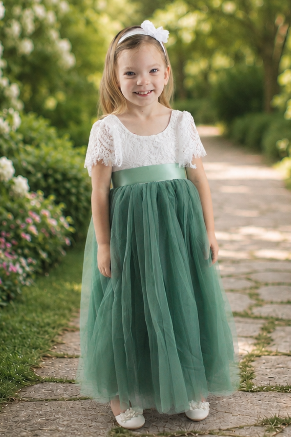 sage green flower girl dress in tulle and white lace. Short sleeves and a full tulle skirt style. 