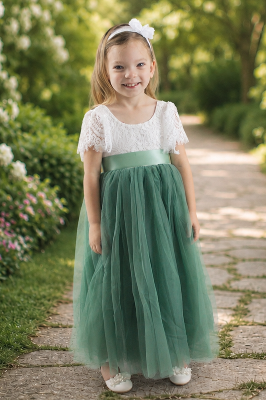 sage green flower girl dress in tulle and white lace. Short sleeves and a full tulle skirt style. 